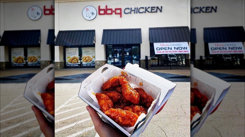 bb.q Chicken store with container of sauced fried chicken