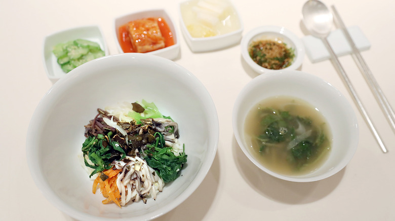 Bibimbap served with soup