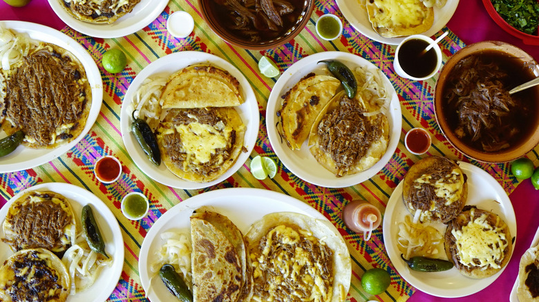 Birria and Mexican food spread