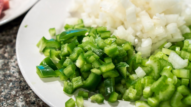 onion, bell pepper, and celery on plate