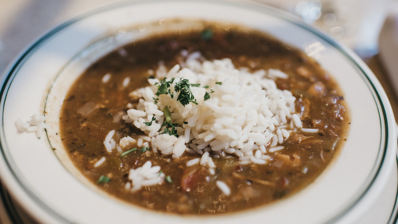 plate of gumbo with rice