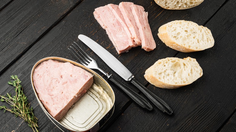 can of ham with crostinis