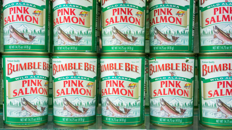 close up of two rows of Bumble Bee salmon cans