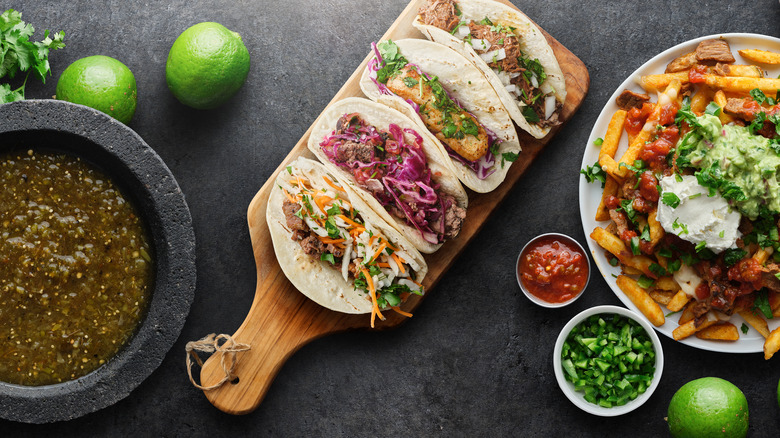 carne asada tacos with salsa and carne asada fries