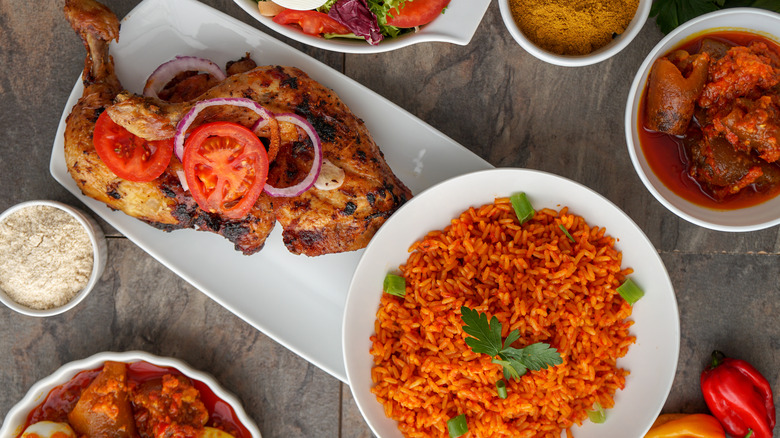 Jollof rice and stewed meat dishes