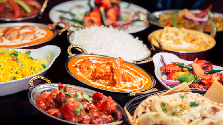 Several Indian dishes on a table