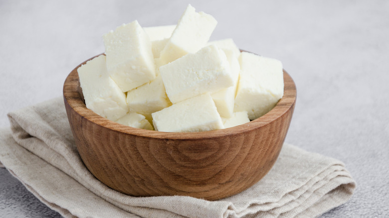 A bowl of cubed paneer