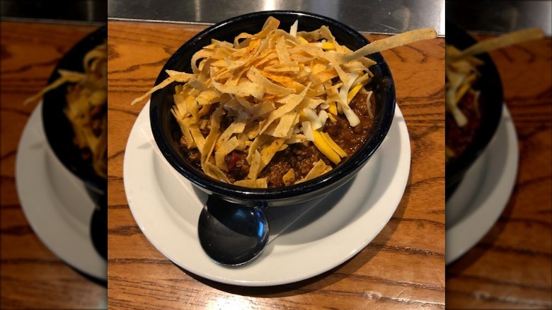 Bowl of chili with tortilla strips