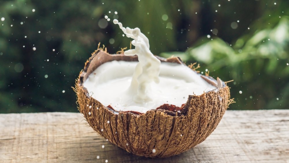 coconut milk splashing out of coconut 