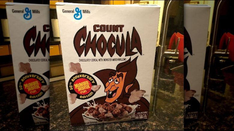 A Box of Count Chocula showcasing the cereal's 50th anniversary.