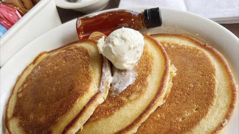 Cracker Barrel pancakes with butter and syrup