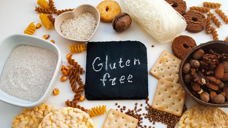Gluten-free sign next to baking ingredients