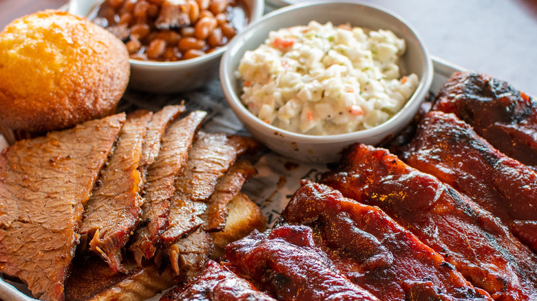 Famous Dave's brisket, ribs, cole slaw, corn muffin and baked beans.