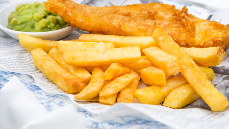 fish, chips and peas