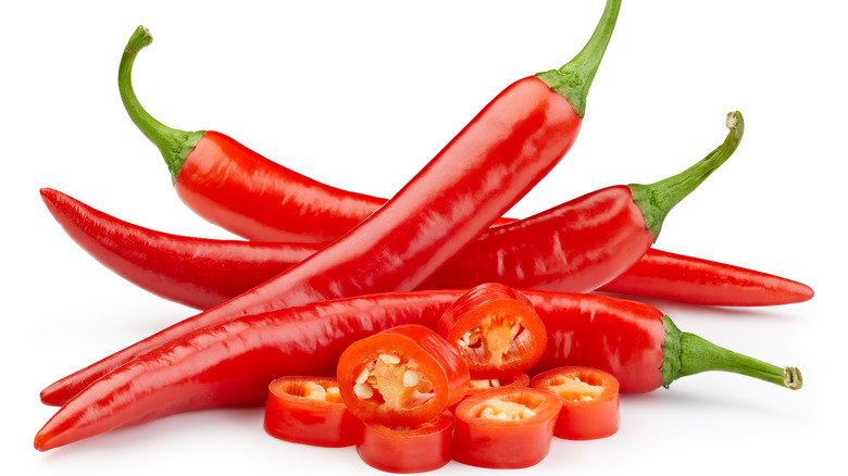 Red peppers, stacked