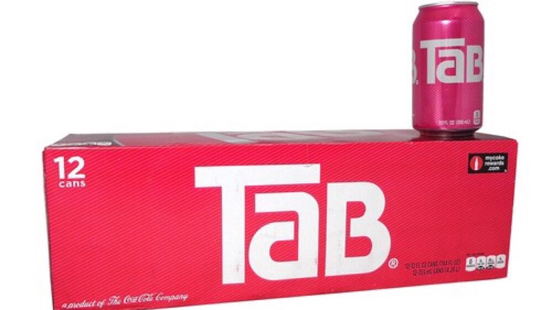 A can of TaB on top of a case of TaB