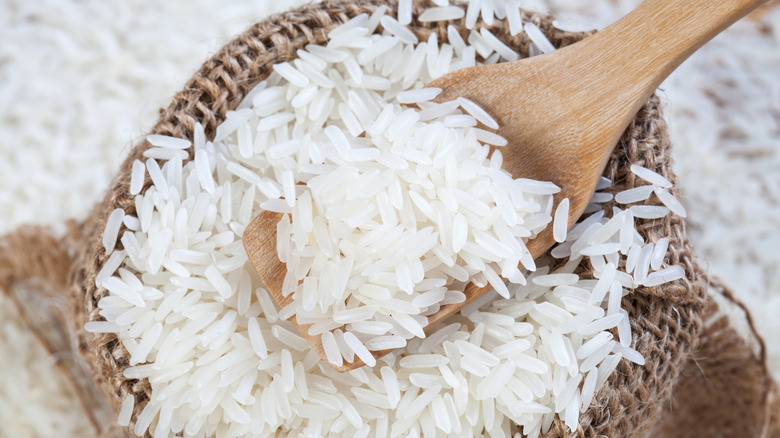 White rice in wooden spoon