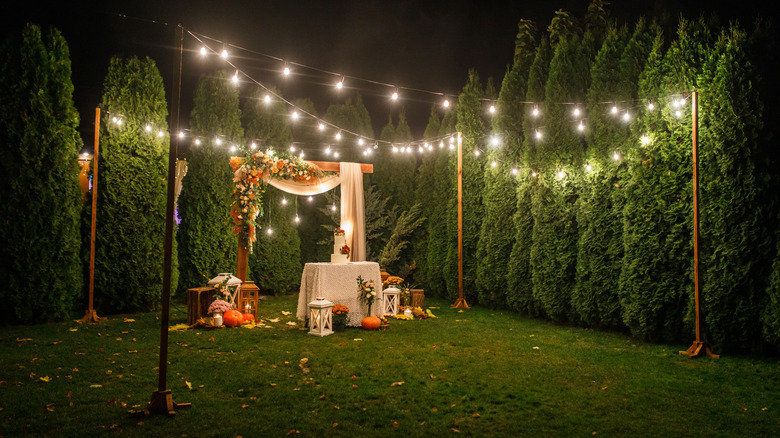 Wedding cake under lights outdoors