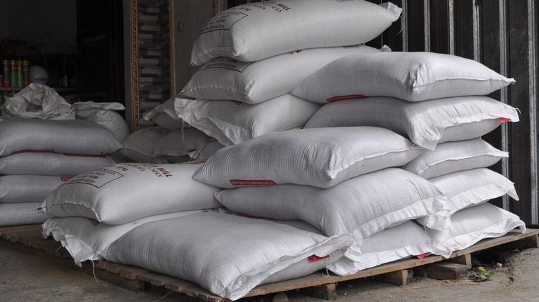 bags of flour in a warehouse 