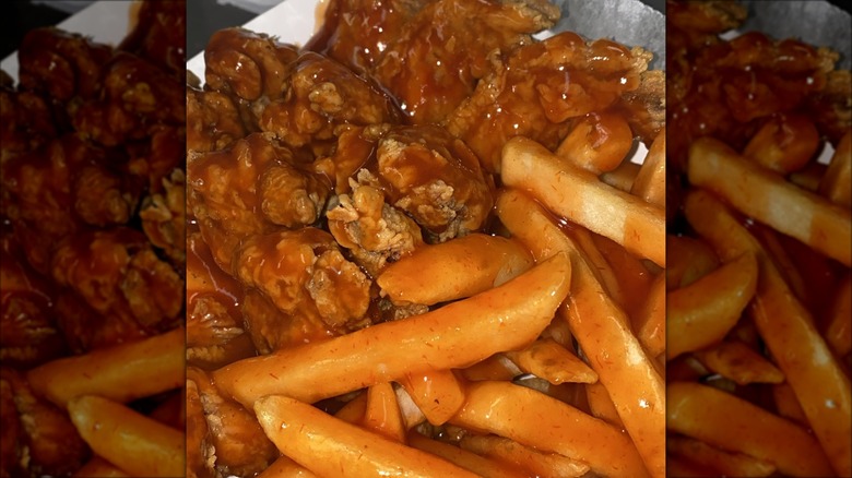 Closeup of a Harold's chicken and sauce