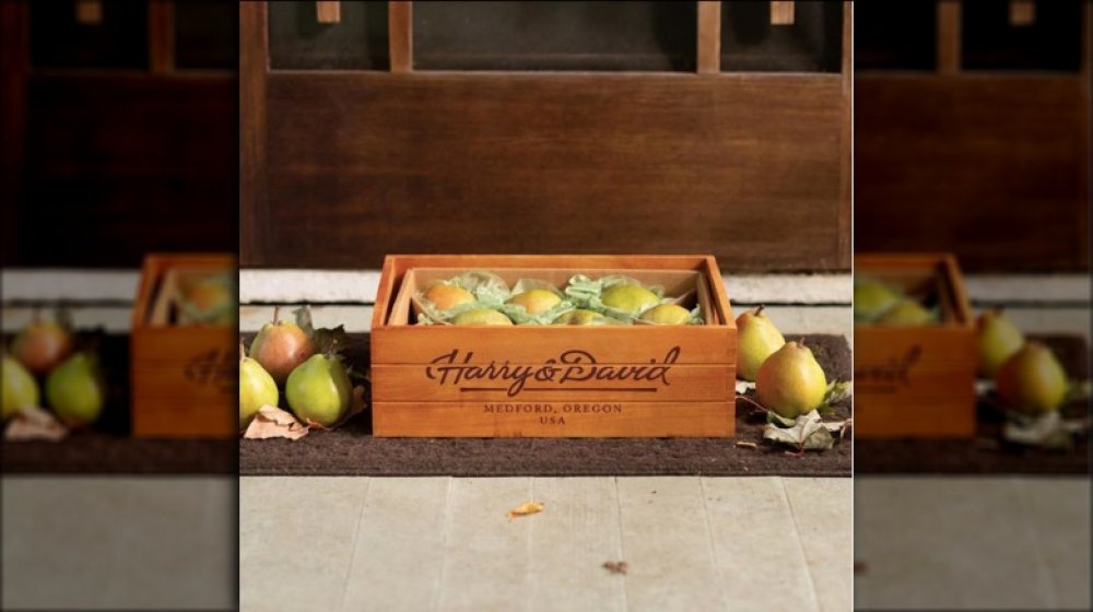 Harry&David box of pears on a door step