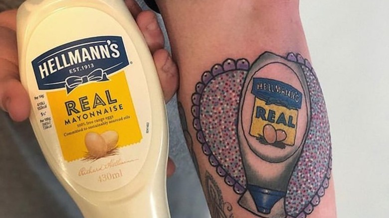 Hellmann's mayo bottle next to tattoo