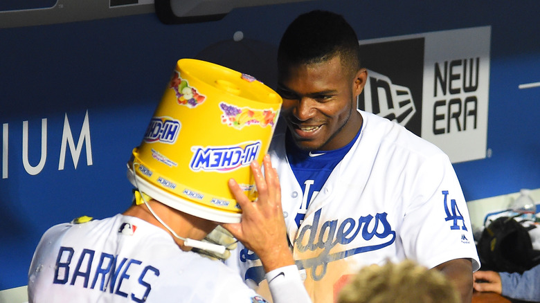 LA Dodgers with Hi Chew bucket on head