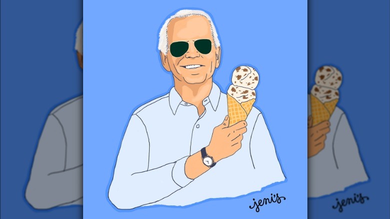 an illustration of president joe biden eating a cone of Jeni's white house chocolate chip ice cream