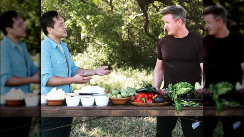 Justin Yu and Gordon Ramsay near picnic table