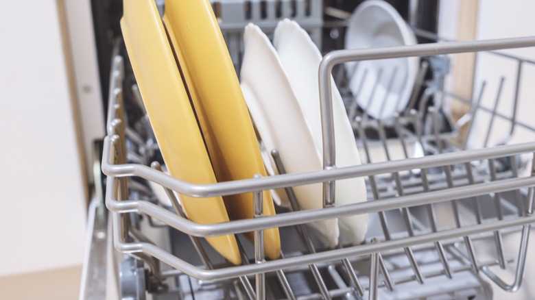 Dishwasher with plates on racks