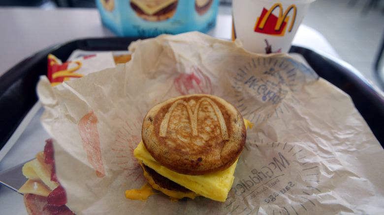 McGriddle on a tray on an open wrapper