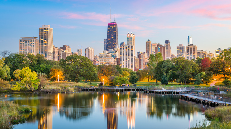 Chicago skyline at sunset