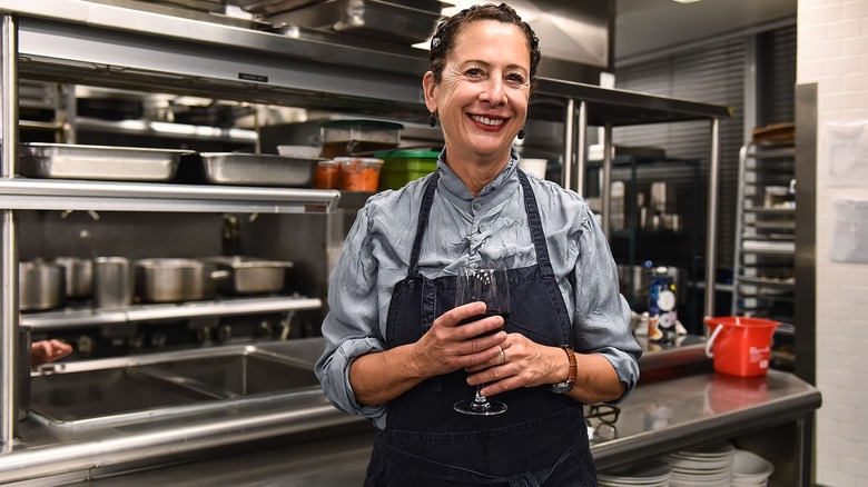 Nancy Silverton with a glass of wine