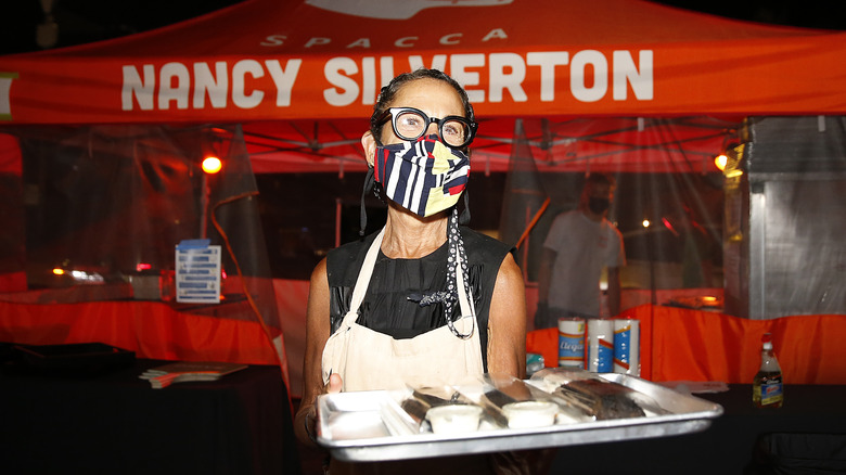 Nancy Silverton wearing a maske