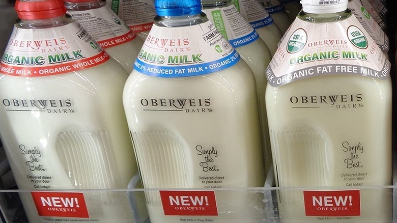 Bottles of Oberweis organic milk