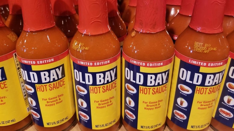 close up of bottles of Old Bay Hot Sauce 