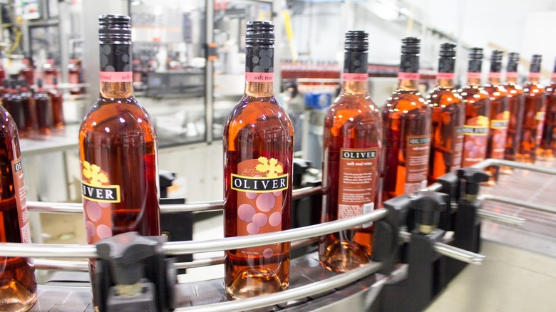 Wine bottles on bottling line