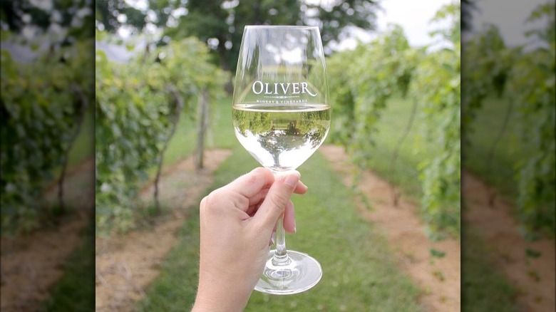Oliver Winery glass in vineyard