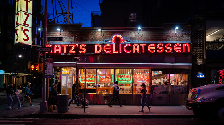 katz's delicatessen exterior at night