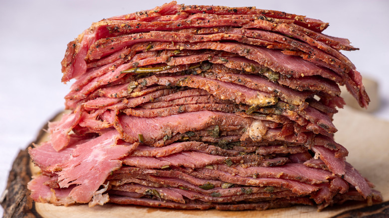 pile of sliced pastrami