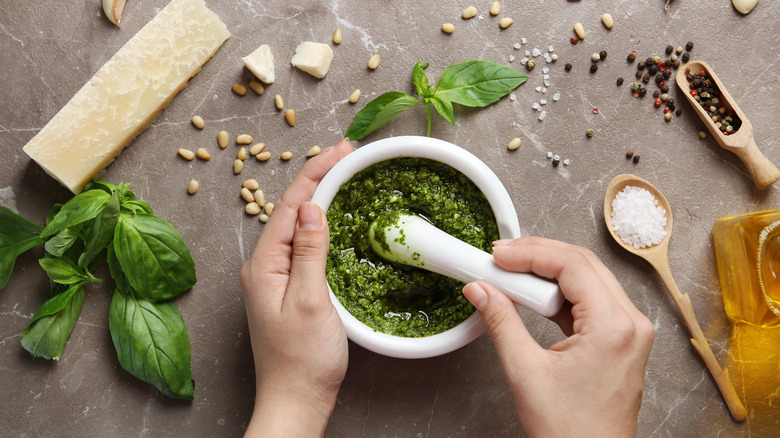 Pesto in mortar and pestle