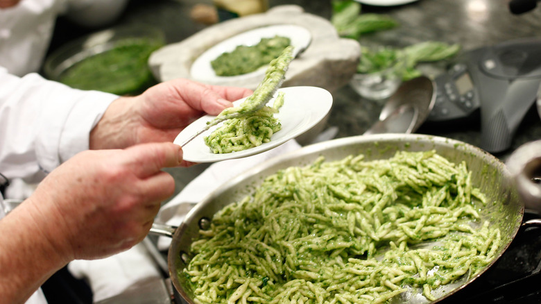 Pesto in pan and plate 