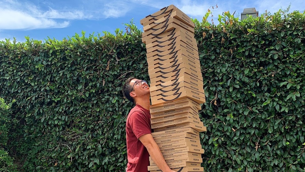 Tower of Pieology pizza boxes