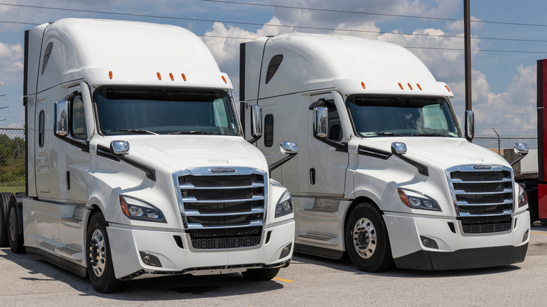 Two white semi-trucks without trailers