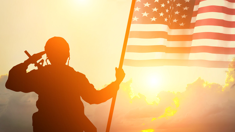 Veteran holding flag saluting toward the Sun