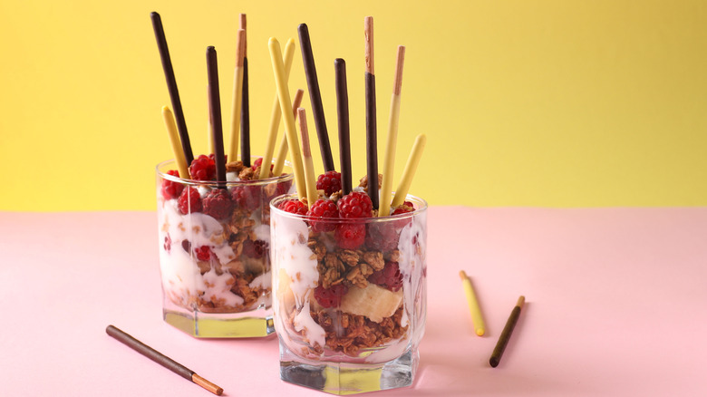 Pocky sticks in granola parfaits