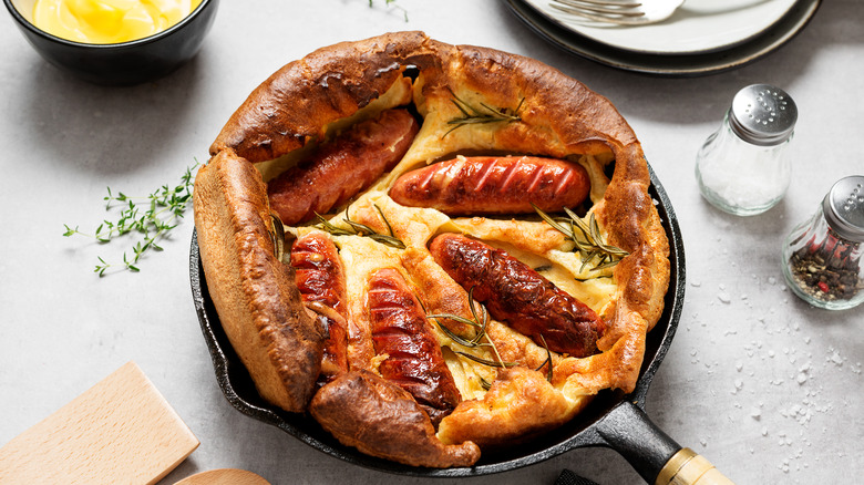 Toad in a hole, made with Yorkshire pudding