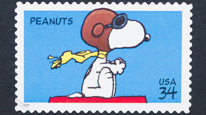 Close up of a stamp of Snoopy as the WWI Flying Ace