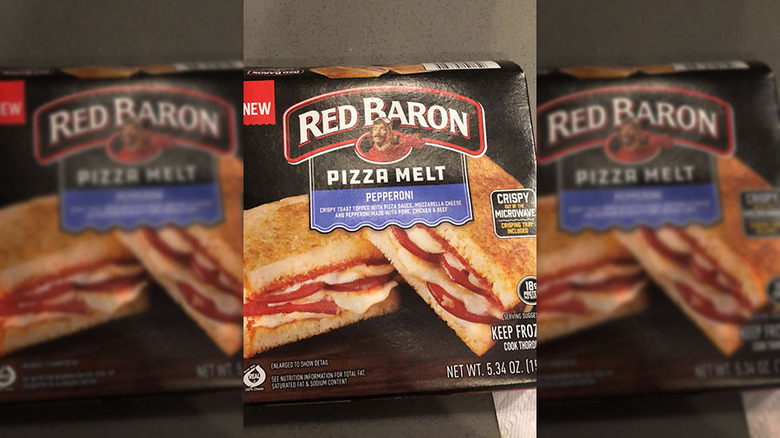 Close up of a box of Red Baron Fully Loaded pizza