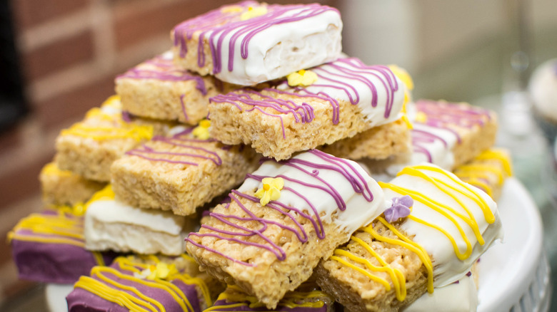 rice krispies treats with colorful drizzle